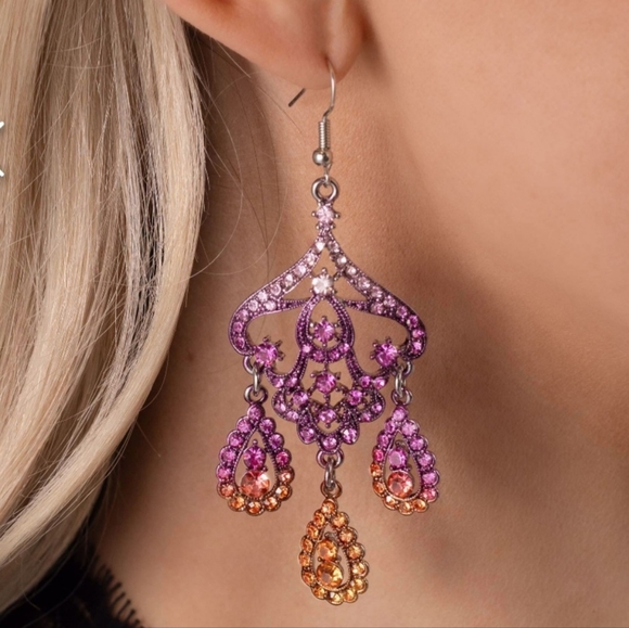 Chandelier Command Multi Earrings Long Gorg Fishhook Pink Purple Orange - Picture 3 of 3